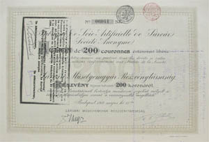 Sárvári Műselyemgyár Részvénytársaság részvény 200 korona 1912
