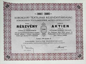 soroksari textilipar reszvenytarsasag reszveny 10x500 pengo 1939 soroksar