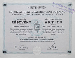 Soroksári Textilipar Részvénytársaság részvény 25x500 pengő 1930 Soroksár