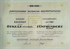 Szentgotthárd Selyemgyár Részvénytársaság részvény 25x500 pengő 1935