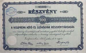 Veszprémi Kötő- és Szövőgyár Részvénytársaság részvény 100 korona 1917