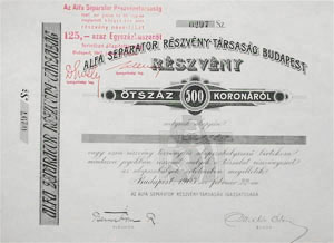 Alfa Separator Részvénytársaság 500 korona