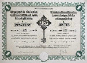 Bányagépek és Mechanikai Szállítóberendezések Gyára Részvénytársaság részvény 15 pengő 1926