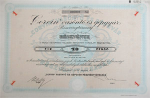 Corvin Vasöntő és Gépgyár Részvénytársaság részvény 10 pengő 1926