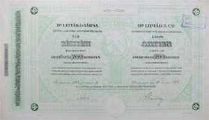 Dr. Lipták és Társa Épitési és Vasipari Részvénytársaság részvény 10x200 2000 korona 1923