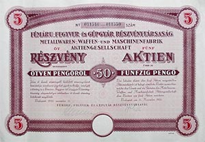 Fémáru-, Fegyver- és Gépgyár Részvénytársaság részvény 5 x 50 pengő 1935