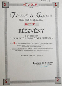 Fémöntő és Gépipari Részvénytársaság részvény 12 pengő 50 fillér 1938