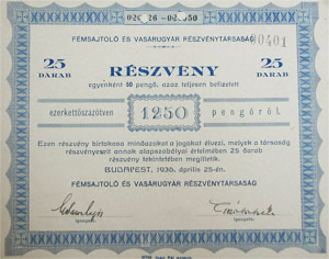 Fmsajtol s Vasrugyr Rszvnytrsasg rszvny 25x50 1250 peng 1936