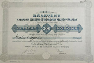 Ferronia Szerszám- és Vasárugyár Részvénytársaság részvény 200 korona 1908 Székesfehérvár