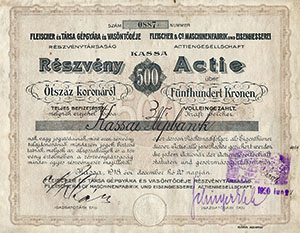 Fleischer és Társa Gépgyára és Vasöntödéje Részvénytársaság részvény 500 korona 1918 Kassa