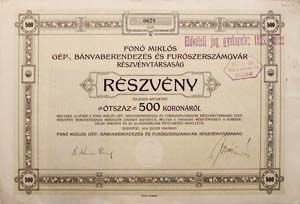 Fon Mikls Gp-, Bnyaberendezs s Furszerszmgyr Rszvnytrsasg rszvny 500 korona 1918