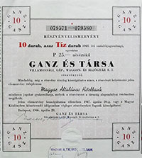 Ganz és Társa Villamossági Gép-, Waggon- és Hajógyár Részvénytársaság részvényutalvány 10x25 pengő 1946