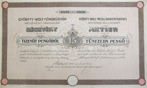 Györffy-Wolf Fémárugyár Részvénytársaság részvény 5x15 75 pengő 1926