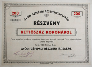 Győri Gépipari Részvénytársaság részvény 200 korona 1922 Győr
