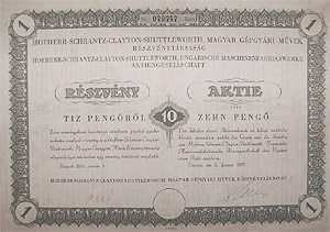 Hofherr-Schrantz-Clayton-Shuttleworth Magyar Gépgyári Művek Részvénytársaság 10 pengő 1937