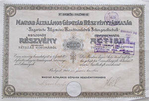 Magyar ltalnos Gpgyr Rszvnytrsasg rszvny 25x200 korona 1922