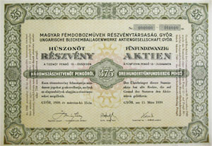 Magyar Fémdobozművek Részvénytársaság részvény 25x15 375 pengő 1939 Győr