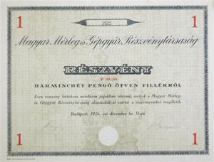 Magyar Mérleg-és Gépgyár Részvénytársaság részvény 37 pengő 50 fillér 1926