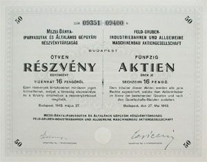 Mezei- Bánya- Iparvasutak és Általános Gépgyár részvény 50x16 pengő 1943