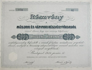 Műszaki és Gépipari Részvénytársaság részvény 200 korona 1910