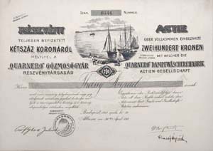 Quarnero Gőzmosógyár Részvénytársaság részvény 200 korona 1911