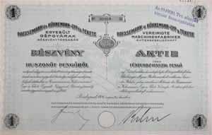 Roessemann és Kühnemann-Epp és Fekete Egyesült Gépgyárak Részvénytársaság részvény 25 pengő 1926