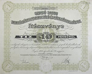 Szabó Samu Takaréktűzhely-, Lakatosáru- és Rábakályha-Gyár Részvénytársaság részvény 10 pengő 1926 Győr