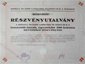 Székely és Gerő Vasöntöde és Gépgyár Részvénytársaság részvényutalvány 25x200 5000 korona 1923