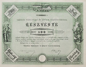 Tarnczy Tzoltszer- s Gpgyr Ryzvnytrsasg rszvny 100 forint 1891