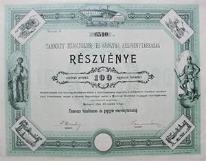 Tarnczy Tzoltszer- s Gpgyr Ryzvnytrsasg rszvny 100 forint 1894