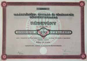 Vadásztöltény-, Gyutacs- és Fémárugyár Részvénytársaság részvény 180 pengő 1943