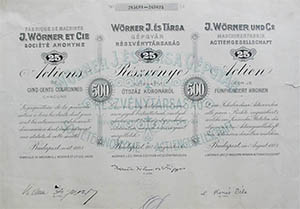 Wörner J. és Társa Gépgyár Részvénytársaság részvény 25x200 korona 1923