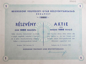 Beiersdorf Vegyészeti Gyár Részvénytársaság részvény 1000 pengő 1932