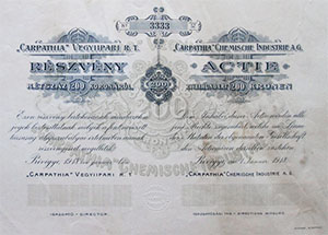 Carpathia Vegyiipari Részvénytársaság részvény 200 korona 1918 Privigye