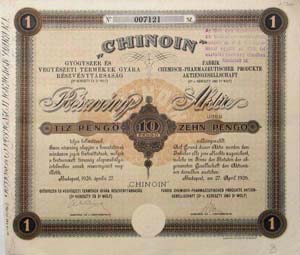 Chinoin Gygyszer s Vegyszeti Termkek Gyra Rszvnytrsasg rszvny 10 peng 1926
