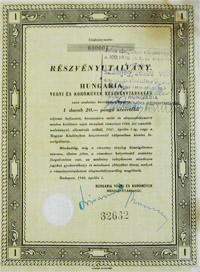 Hungária Vegyi- és Kohóművek Részvénytársaság részvényutalvány 20 pengő 1946