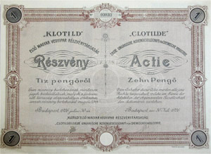 Klotild Első Magyar Vegyipar Részvénytársaság részvény 10 pengő 1926