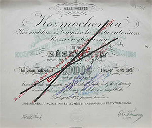 Kozmochémia Kozmetikai és Vegyészeti Laboratórium Részvénytársaság 10000 korona 1922