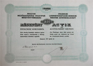 Magyar Mezőgazdasági Vegyipar Részvénytársaság részvény 800 korona 1917