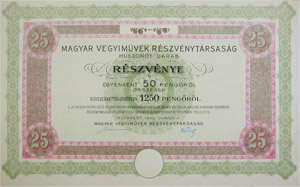 Magyar Vegyiművek Részvénytársaság részvény 25x50 1250 pengő 1943