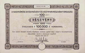 Nagykőrösi Gyógynövény és Vegyipari Részvénytársaság részvény 100x1000 100000 korona 1924