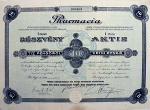 Pharmacia Gyógyszervegyészeti Gyár, Gyógyárunagykereskedés Részvénytársaság részvény 10 pengő 1926