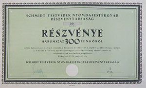 Schmidt Testvérek Nyomdafestékgyár Részvénytársaság részvény 300 pengő 1934