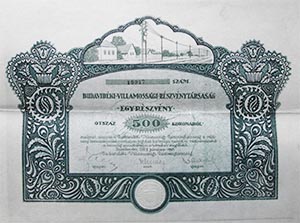 Budavidki Villamossgi Rszvnytrsasg Szentendre rszvny 500 korona 1921