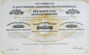 Dr. Just-fle Izzlmpa s Villamossgi Gyr Rszvnytrsasg 200 korona 1923