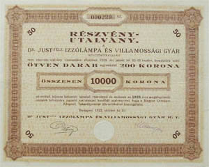 Dr. Just-fle Izzlmpa s Villamossgi Gyr Rszvnytrsasg 10000 korona 1923