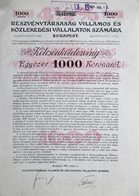 Rszvnytrsasg Villamos- s Kzlekedsi Vllalatok szmra ktvny 1000 korona 1909