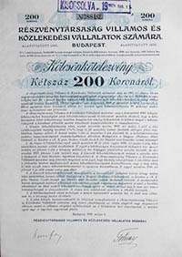 Rszvnytrsasg Villamos- s Kzlekedsi Vllalatok szmra ktvny 200 korona 1909