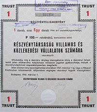Rszvnytrsasg Villamos- s Kzlekedsi Vllalatok szmra rszvnyelismervny 100 peng 1946